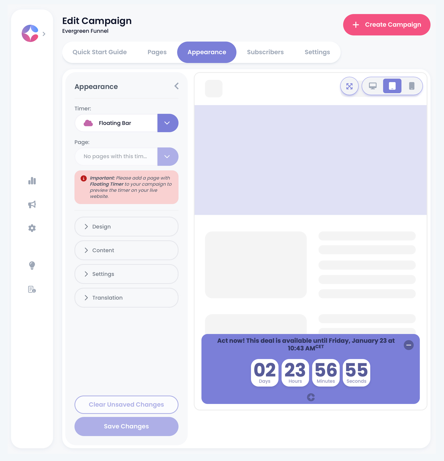 CountdownTimer.ai campaign appearance editor with live timer preview
